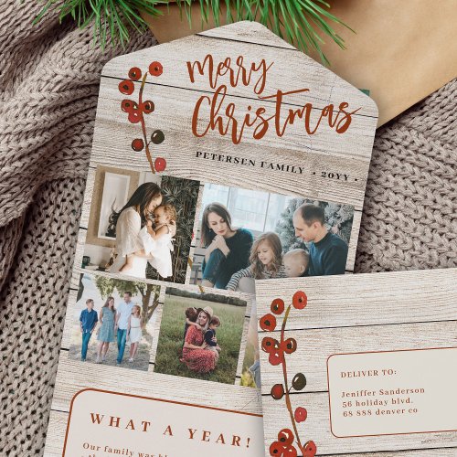 Merry Christmas 5 photos rustic wood holiday card
