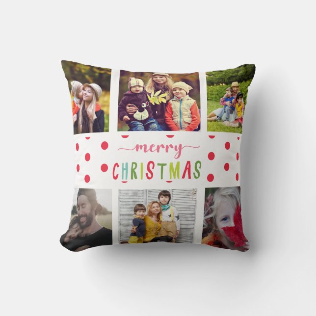 Merry Christmas 6 photo family collage colorful Throw Pillow (Front)