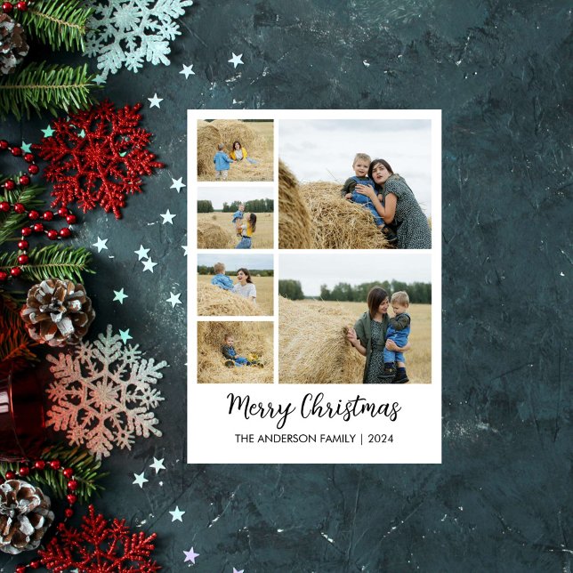 Merry Christmas 6-Photo Grid with Family Name Holiday Card (Merry Christmas 6-Photo Grid with Family Name Holiday Card)