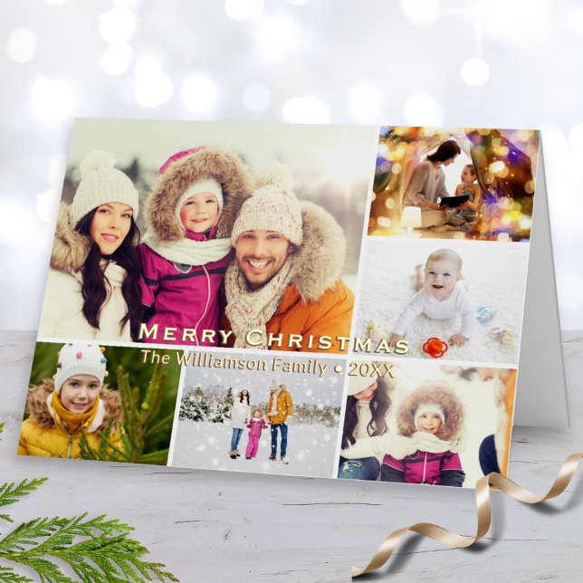 Merry Christmas 6 Photos Collage Personalized Foil Holiday Card (A stylish and modern Christmas card featuring a gallery of 6 of your own photos and foil custom text)