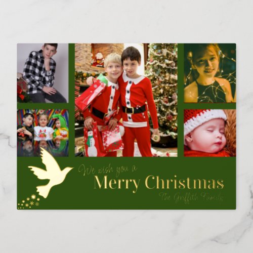 Merry Christmas 6 photos green flying dove Foil Holiday Postcard