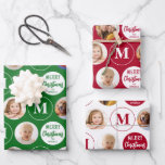 Merry Christmas 6 Photos Monogram Red Green Wrapping Paper Sheets<br><div class="desc">Add a festive touch to your Christmas holiday gifts with this set of 3 monogrammed red, green and white coordinated wrapping paper sheets featuring 6 of your photos that repeat across the pattern with the suggested editable greeting MERRY CHRISTMAS in modern typography and your name. PHOTO TIP: For fastest creation,...</div>