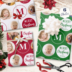 Merry Christmas 6 Photos Monogram Red Green Wrapping Paper Sheets