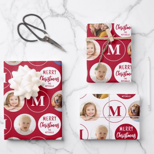 Merry Christmas 6 Photos Monogram Red White Wrapping Paper Sheets