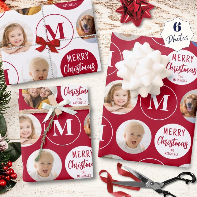 Merry Christmas 6 Photos Monogram Red White Wrapping Paper Sheets (Creator Uploaded)