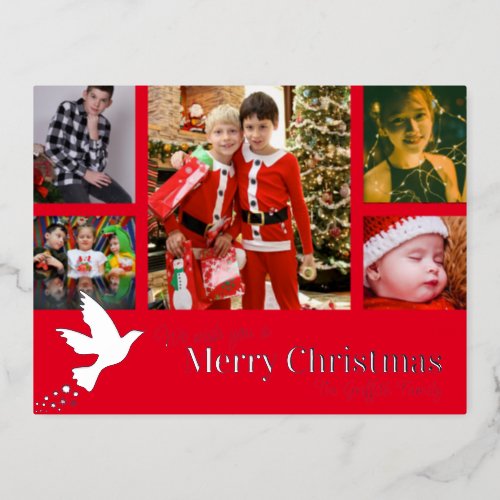 Merry Christmas 6 photos red flying dove Foil Holiday Postcard