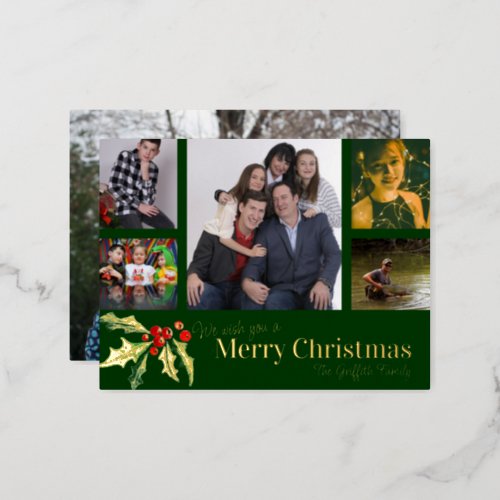 Merry Christmas 6 photos red green gold holly Foil Holiday Postcard