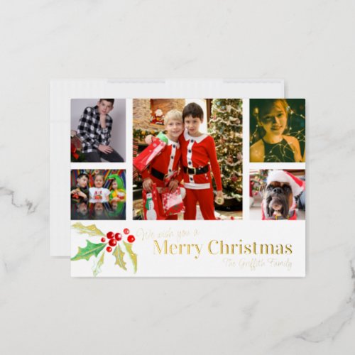 Merry Christmas 6 photos white red gold holly Foil Holiday Postcard