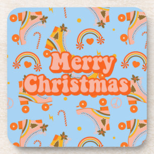 Merry Christmas 70s groovy disco pattern   Beverage Coaster