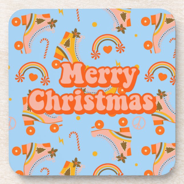 Merry Christmas 70s groovy disco pattern   Beverage Coaster (Front)