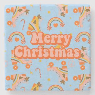 Merry Christmas 70s groovy disco pattern  Stone Coaster