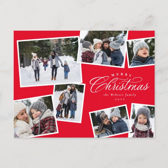 Merry Christmas 7 photo collage elegant red Holiday Postcard (Front)