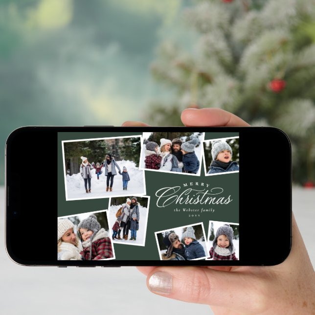 Merry Christmas 7 photo collage hunter green Holiday Card (Front Digital)