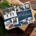 Merry Christmas 7 photo collage navy blue elegant Holiday Card<br><div class="desc">This seven-photo holiday card features an elegant Merry Christmas type treatment and room for custom text. The collage of photos makes it a perfect family Christmas card for sharing the year's highlights or the best of a family photo session. The navy blue and white colors are festive and the variety...</div>