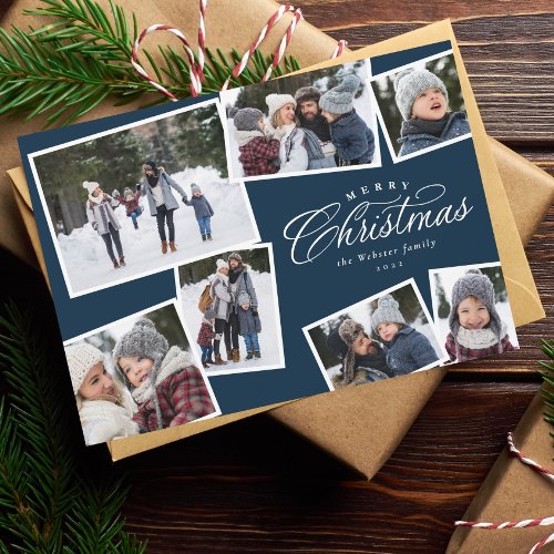 Merry Christmas 7 photo collage navy blue elegant Holiday Card