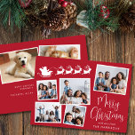 Merry Christmas 7 Photo Collage Santa Sleigh Holiday Card<br><div class="desc">Festive red holiday card featuring a 7 photo collage of scattered pictures in white frames,  a white silhouette of reindeers flying Santa's sleigh,  "Merry Christmas" in a stylish white script and your name in simple modern white typography. Add 2 photos on the back and a personalized message.</div>