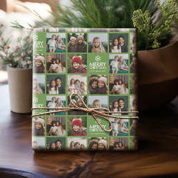 Merry Christmas 8 Photo Collage Avocado Green Wrapping Paper