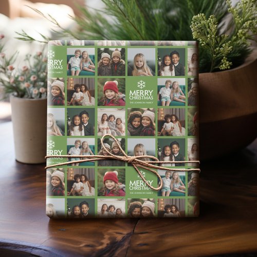 Merry Christmas 8 Photo Collage Avocado Green Wrapping Paper