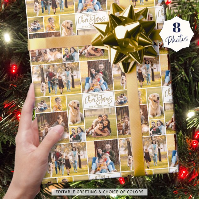 Merry Christmas 8 Photo Collage Gold Personalized Wrapping Paper (Creator Uploaded)