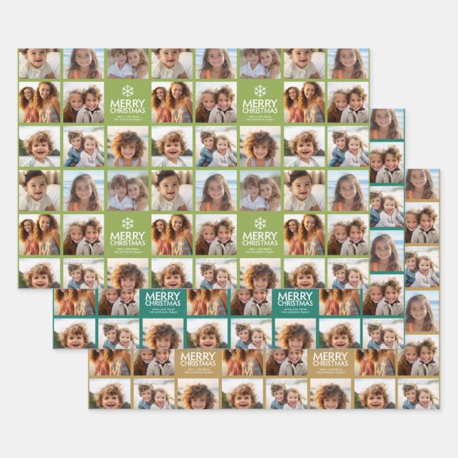 Merry Christmas 8 Photo Collage - snowflake family Wrapping Paper Sheets (Set)