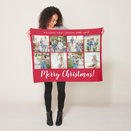 Merry Christmas 8 Photo Custom Message  Red Fleece Blanket