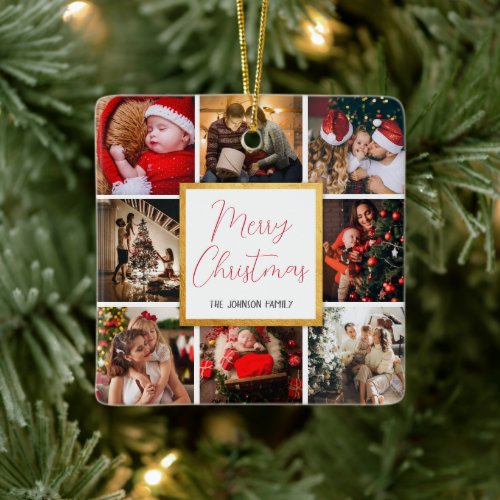 Merry Christmas 8 photos family collage gold frame Ceramic Ornament
