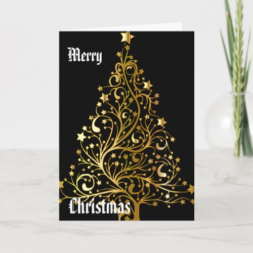 Merry Christmas a gold tree Holiday Card