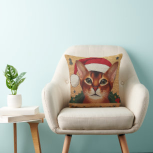 Merry Christmas Abyssinian Cat, Xmas Santa Kitten Throw Pillow
