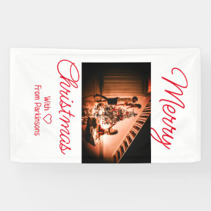 Merry Christmas add family name photo red simple m Banner