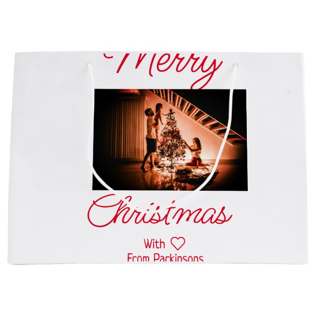 Merry Christmas add family name photo red simple m Large Gift Bag (Front)