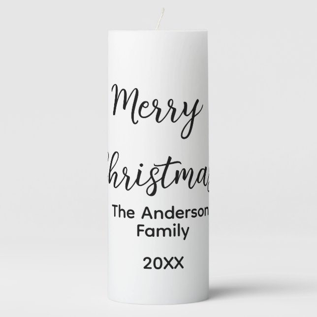 Merry Christmas add family name year text custom e Pillar Candle (Front)
