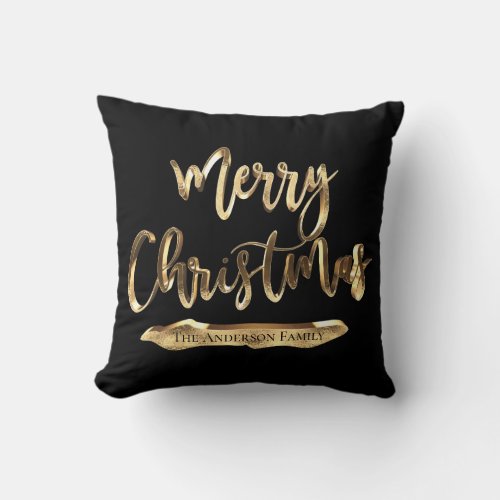 Merry Christmas Add Name or Text Black and Gold Throw Pillow