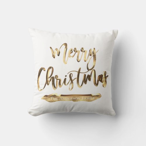 Merry Christmas Add Name or Text Gold and White Throw Pillow