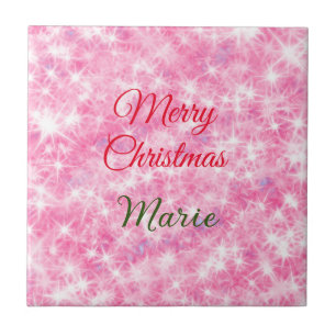 Merry Christmas add name red sparkle glitter holid Ceramic Tile