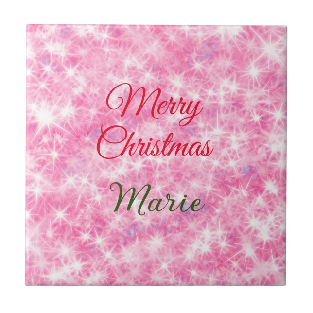 Merry Christmas add name red sparkle glitter holid Ceramic Tile (Front)