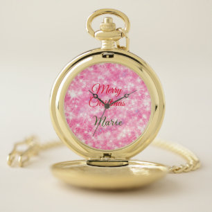Merry Christmas add name red sparkle glitter holid Pocket Watch
