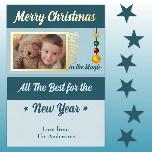 Merry Christmas add photo baubles stars blue real Foil Holiday Card