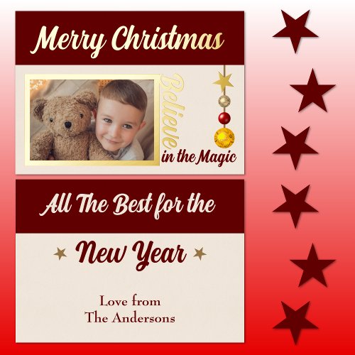 Merry Christmas add photo baubles stars burgundy Foil Holiday Card