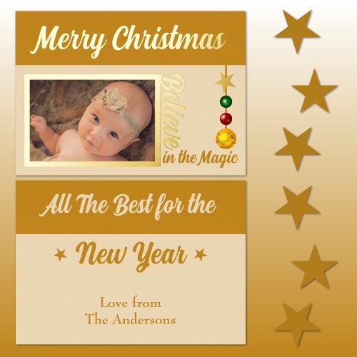 Merry Christmas add photo baubles stars gold real Foil Holiday Card