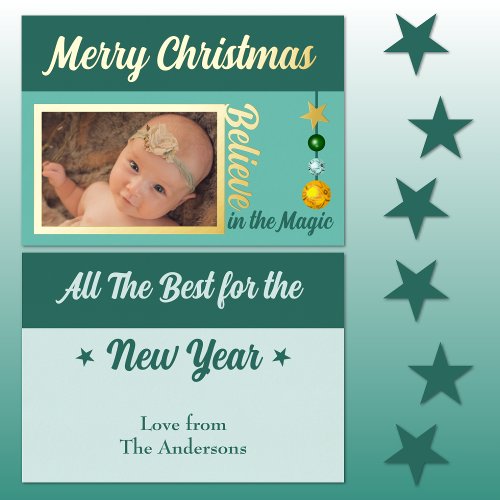 Merry Christmas add photo baubles stars green real Foil Holiday Card