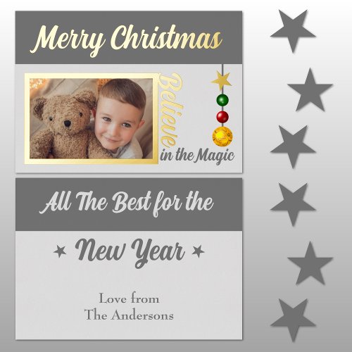 Merry Christmas add photo baubles stars grey real Foil Holiday Card