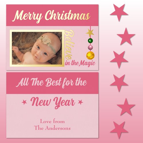 Merry Christmas add photo baubles stars pink real Foil Holiday Card