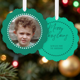 Merry Christmas add photo family name green Ornament Card