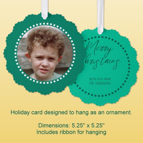 Merry Christmas add photo family name green Ornament Card