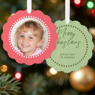 Merry Christmas add photo family name pink Ornament Card