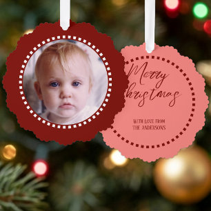 Merry Christmas add photo family name red Ornament Card