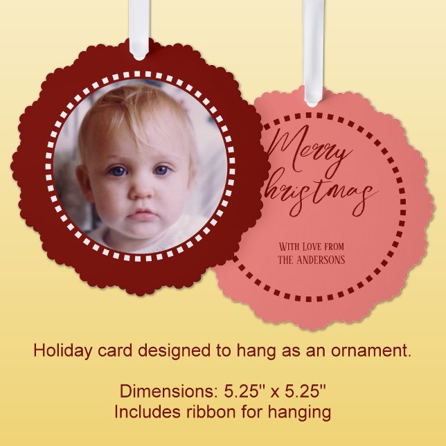 Merry Christmas add photo family name red Ornament Card (Creator Uploaded)