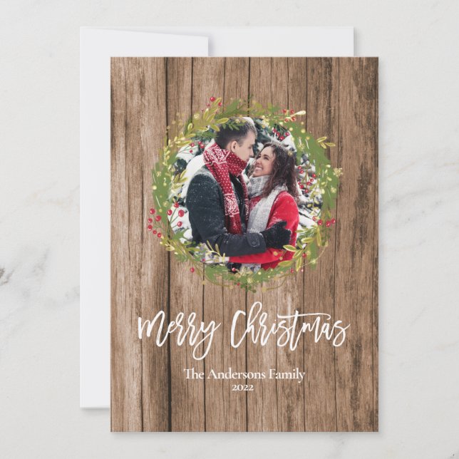 Merry Christmas Add Photo Holly Wreath Rustic Farm Holiday Card (Front)