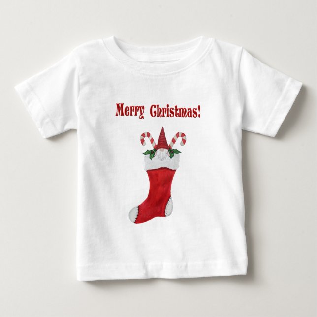 Merry Christmas Adorable Gnome in Red Stocking Baby T-Shirt (Front)