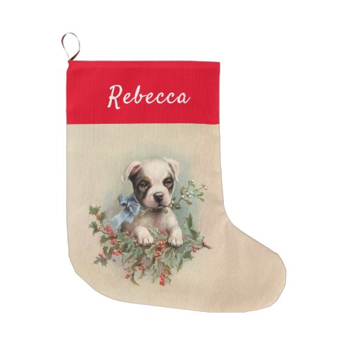 Merry Christmas Adorable Puppy Custom Name Large Christmas Stocking